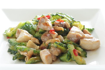 Chinese food, bitter melon and chicken stir fried