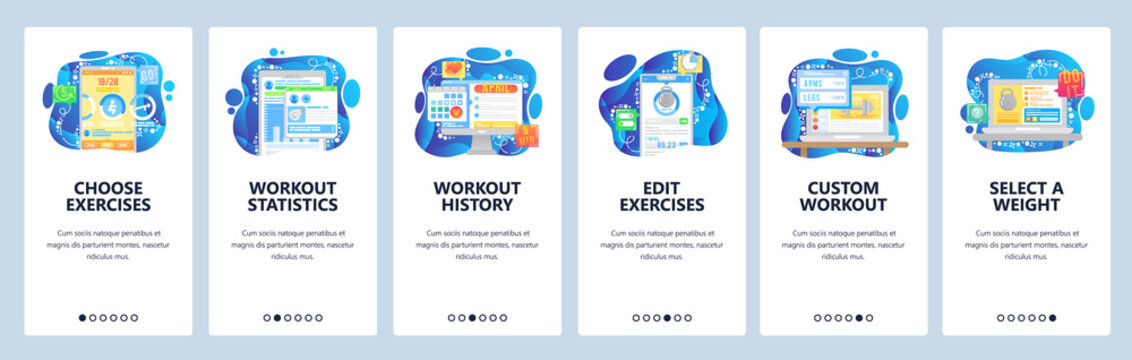 Workout And Fitness Mobile Phone App, Exercise Plan, Statistics And History. Mobile App Onboarding Screens. Menu Vector Banner Template For Website And Development. Web Site Design Flat Illustration