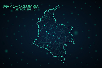 Map of colombia. Wire frame 3D mesh polygonal network line, design sphere, dot and structure. communications map of colombia. Vector.