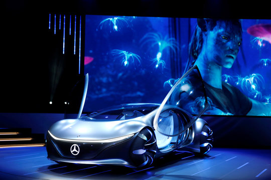 The Mercedes-Benz Vision AVTR concept car, inspired by the Avatar movies, is displayed after an unveiling at a Daimler keynote address during the 2020 CES in Las Vegas