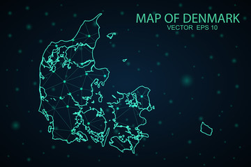 Map of Denmark. Wire frame 3D mesh polygonal network line, design sphere, dot and structure. Vector illustration eps 10.
