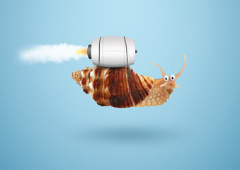 Acceleration speed and success concept, snail with jet engine