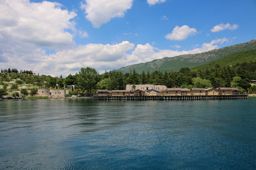 Fototapeta premium Bay of the bones (Museum on the water) on the beautiful Lake Ohrid, Republic of North Macedonia