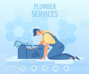 Repairman with Tools Box on Plumber Service Banner