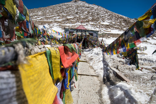 Praying flags on changla pass in Leh, Ladakh, India.