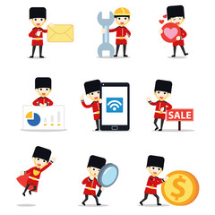 Set of character British guard man holding gun for British soldiers.