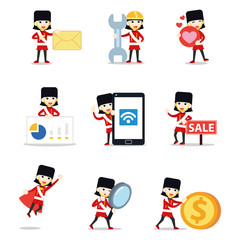 Set of character woman wearing British guard traditional uniform.