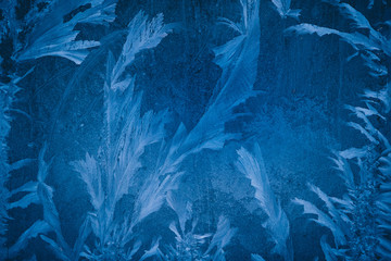 Frost pattern or flower on glass of a window. Frozen ice flower forming during the cold weather on glass window. Blue festive frosty background.