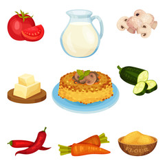 Polenta, Traditional Italian Cuisine Food Vegetarian Dish witn Ingredients Vector Illustration