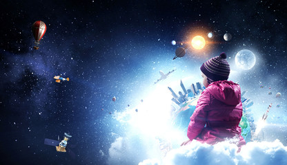 Child float on cloud . Mixed media