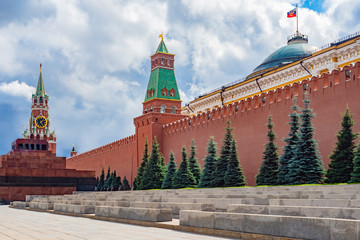 Moscow. Russia. Kremlin. Spasskaya Tower. Mausoleum in Moscow. Tours of the Red Square. Walls of the Kremlin. Traveling around Moscow. Russia on a sunny day. Sights of Russia. Kremlin towers