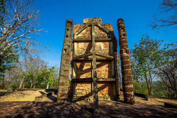 Background, the landmark of the Buddhist tourist attraction in Sukhothai Historical Park, tourists all over the world come to see the beauty always in Thailand.