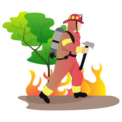 Fototapeta na wymiar Strong fireman fight with a blaze in forest use a big spraying water from hydrant hose for landing page and web design