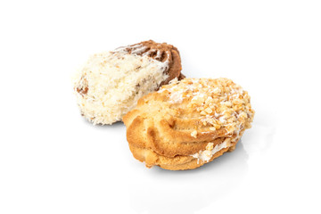 Shortbread cookies with peanut and coconut isolated on white background.