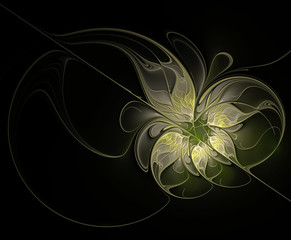 Abstract fractal openwork light green flower on a black background