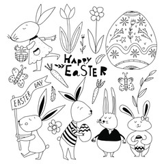 Large set of cute cartoon characters and elements for the Easter holiday designs. Easter bunny, eggs, flowers, flags, spring and other vector elements.