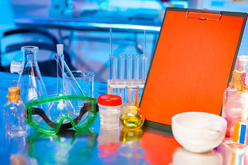 The chemical laboratory is ready for a new working day. Preparation for a chemical experiment. Pharmacology. Drug testing. Laboratory table chemist. Chemical concept.