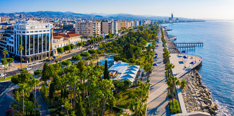 Cyprus. Limassol's seafront promenade with a drone. Mediterranean coast. Molos promenade with...
