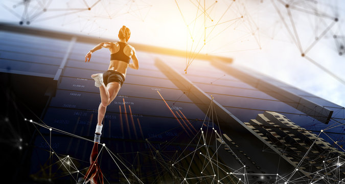 Sportswoman run race. Mixed media