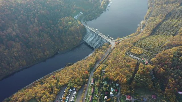 Beautiful Vyhlidka Maj, Lookout Maj, near Teletin, Czech Republic. Meander of the river Vltava surrounded by colorful autumn forest viewed from above. Tourist attraction in Czech landscape. Czechia.