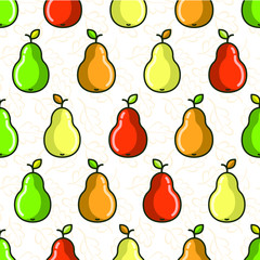 Vector seamless pattern with colorful pears; flat pear icons; fruity design for fabric, wallpaper, wrapping paper, package, textile, tablecloth, web design.