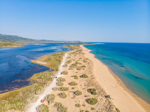 Aerial drone view of Halikounas Beach and Lake Korission, Corfu island, Ionian Sea, Greece