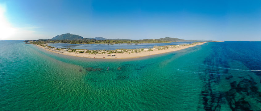 Aerial drone view of Halikounas Beach and Lake Korission, Corfu island, Ionian Sea, Greece