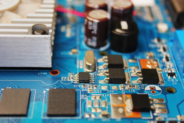 Closeup of electronic circuit board or PCB printed circuit board