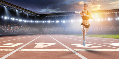 Athlete running race. Mixed media