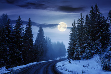 country road through forest at night. misty winter weather in full moon light. snow on the...