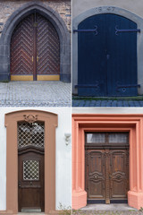 Fototapeta premium four old wooden doors trimmed with metal decorations from different cities of Europe.