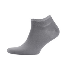 Blank grey cotton sport short sock on invisible  foot isolated on white background as mock up for advertising, branding, design, side view, template.