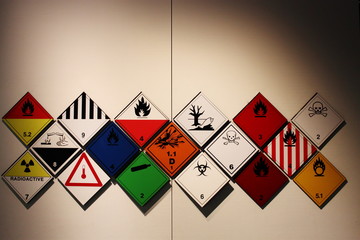 Hazardous symbols. Transportation of dangerous goods symbols and signs and logos. A collection of...