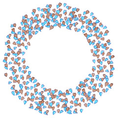 wreath of blue and brown hearts on a white background with copy space
