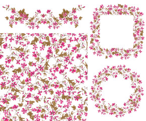 Obraz na płótnie Canvas set of elements from drawing blooming pink wild Malva silvestris - seamless pattern, frame, wreath and horizontal element