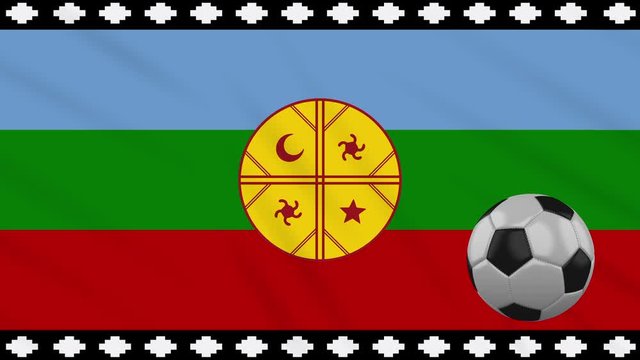 Mapuche flag and soccer ball rotates against background of a waving cloth, loop.