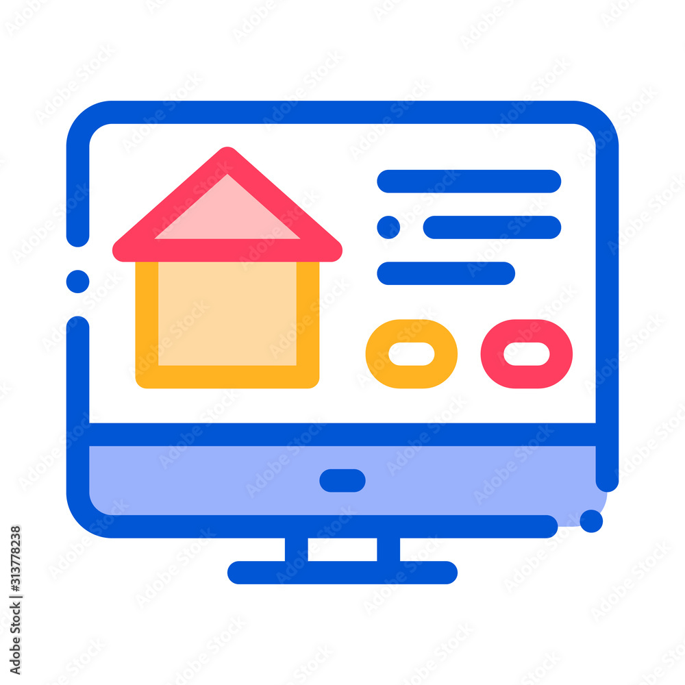 Poster web site for search estate vector thin line icon. house on web site computer monitor linear pictogra