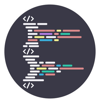 Round icon of the program code. Structure of HTML code, script or other program. Vector illustration isolated on white background.