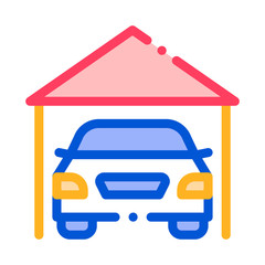 Garage Shed With Car Vehicle Vector Thin Line Icon. Automobile Autocar In Garage Linear Pictogram. Mortgage On Real Estate, Rent, Buy Or Sale Building Contour Monochrome Illustration