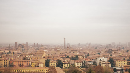 The medieval city of Bolona in foggy weather –panoranic view – Bologna, Emilia Romagna, Italy.