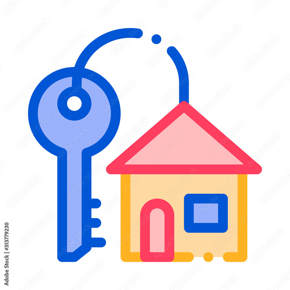 Aufkleber key with keyfob in building form vector sign icon thin line. door key and house linear pictogram. mo
