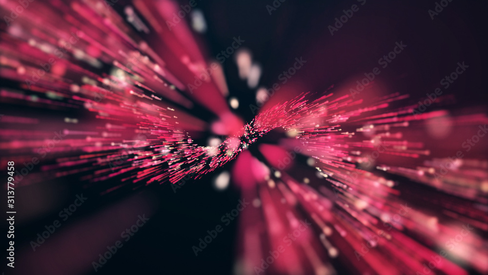 Poster abstract particles shaped infinity with trail and dynamic angle. red and pink glow particles with de