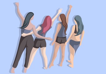 Naklejka na ściany i meble Group of four friends posing from the back side. Women, human anatomy from the back side, flat illustration.