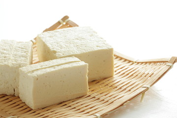 Cut tofu on bamboo basket with copy space