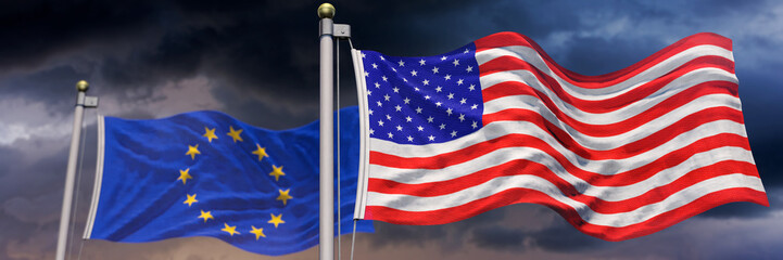 US-Flagge und Europaflagge wehen bei stürmischen Wetter - obrazy, fototapety, plakaty