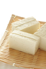 Cut tofu on bamboo basket with copy space