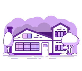 Suburban house in the forest. Country cottage. Rural villa. Flat vector illustration. Concept for sale of buildings.