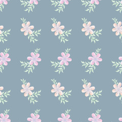 Fototapeta na wymiar Floral spring seamless pattern in pastel colors. Flowers, leaves, twigs pink blue, gray background, tablecloths, napkins, cards, textiles, fabrics, scarf, carpet, gift wrapping paper, packaging, cover