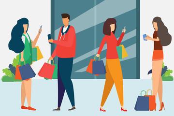 Man and woman is shopping. holding bags shopping goods. Smart shopping and supermarket. Vector illustration of a flat design