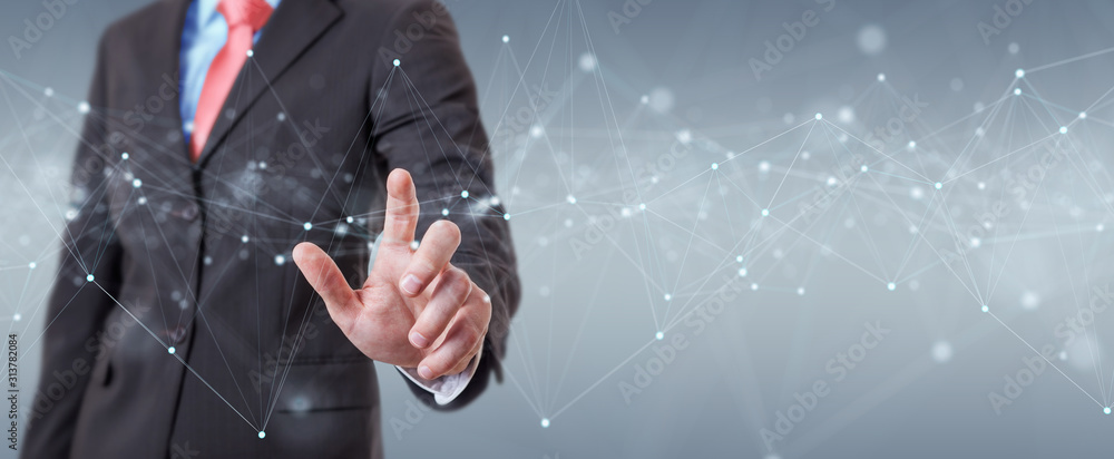 Fototapete Businessman using floating digital network connections with dots and lines 3D rendering